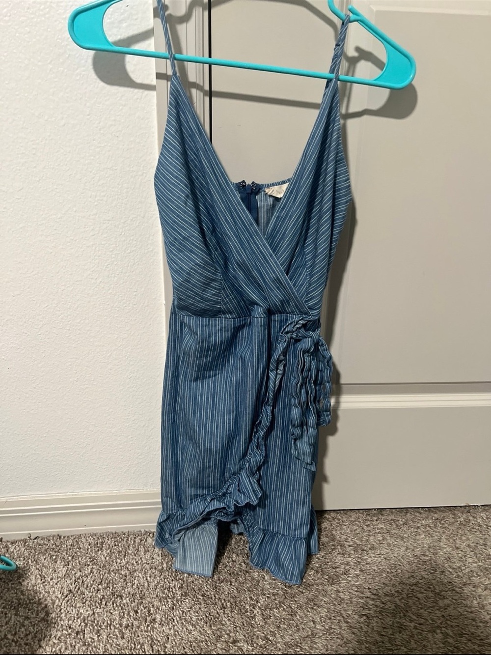 Altar’d State Blue Striped Ruffle Wrap Dress